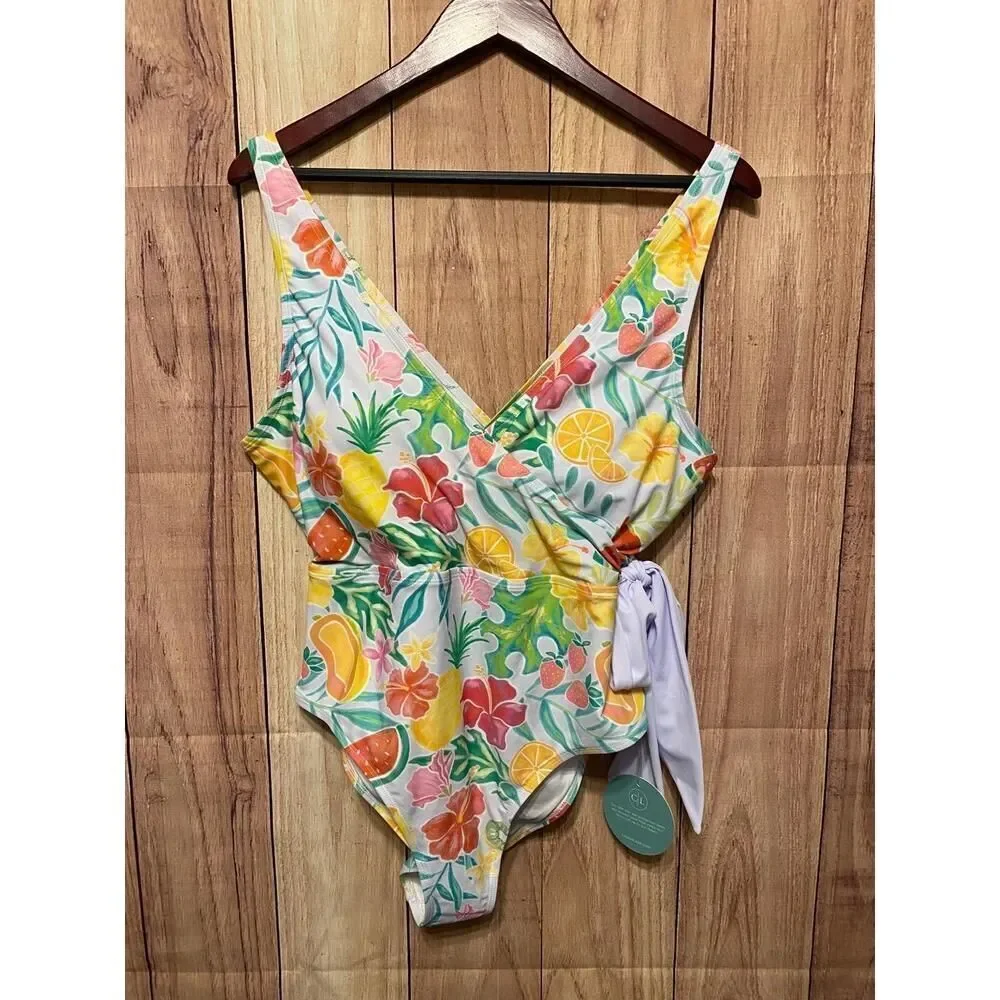 Caden Lane XL Swimsuit NWT OnePiece Yellow Wrap Tie Tropical Paradise fruit